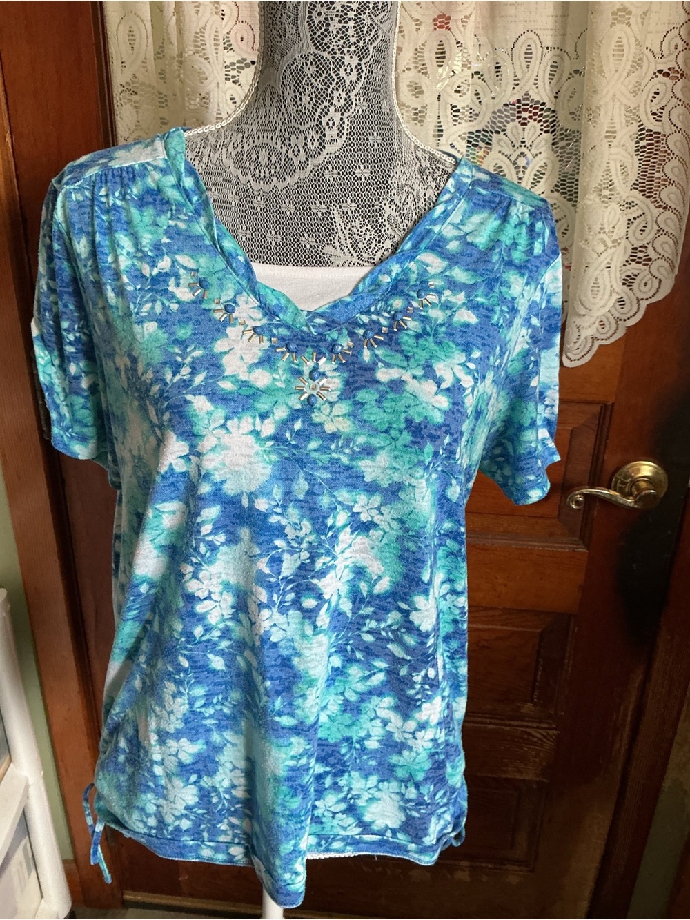 Erika Blue & Teal Floral Short Sleeve V-Neck Top with Neckline Accents
